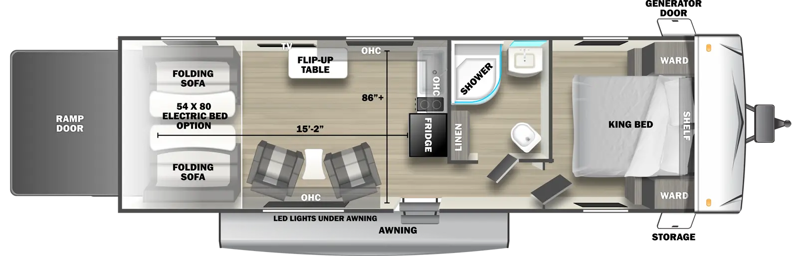 The 2750RLX travel trailer has no slide outs, 1 entry door and 1 rear ramp door. Exterior features include an awning with LED lights, front door side storage and front off-door side generator door. Interior layout from front to back includes: front bedroom with foot-facing King bed, shelf over the bed, and front corner wardrobes; off-door side bathroom with shower, linen storage, toilet and single sink vanity; rear facing kitchen countertop with sink, overhead cabinet, stove top and rear facing refrigerator; overhead cabinet continues to off-door side; off-door side TV with flip-up table; 2 door side recliners with end table; and rear 54 x 80 electric bed option over electric pass-through dinette. Cargo length from rear of unit to refrigerator is 15 ft. 2 in. Cargo width from wall to wall is is 86 inches.